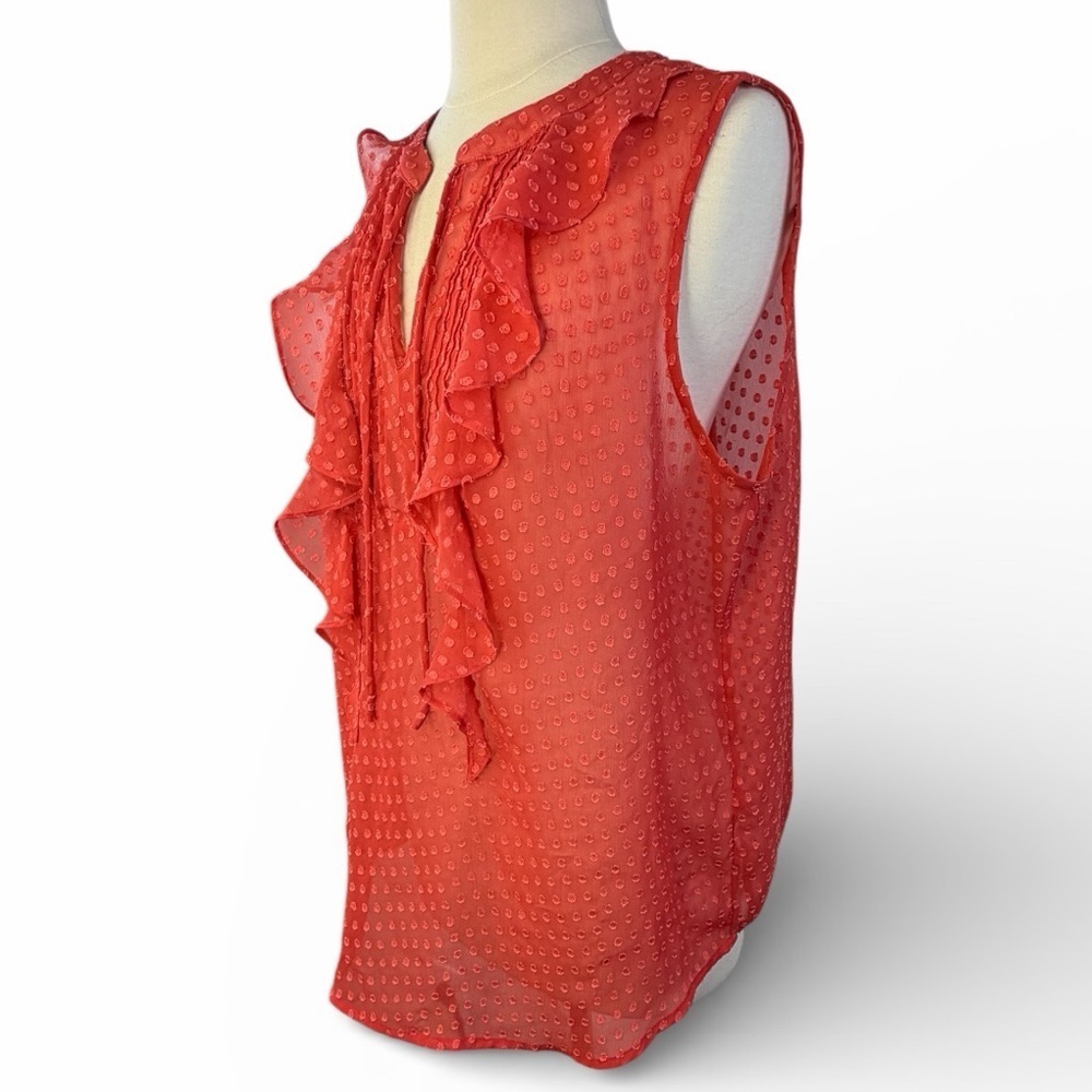 Ann Taylor LOFT sleeveless Top Large coral red orange sheer polka dot ruffle